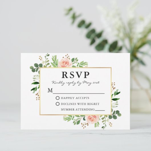 Waterverf Greenery Pink Roses Gold Wedding RSVP Kaartje (Staand voorkant)