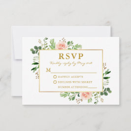 Waterverf Greenery Pink Roses Wedding Gold RSVP Kaartje