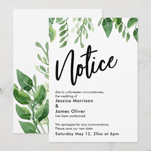 Waterverf Greenery Postponed Wedding Notice Card Kaart (Voorkant / Achterkant)
