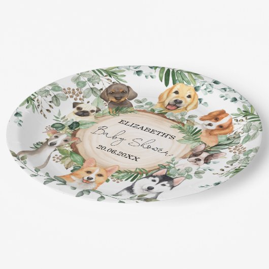 Waterverf Greenery Puppy Dog Baby shower Pawty Papieren Bordje (Gekanteld)