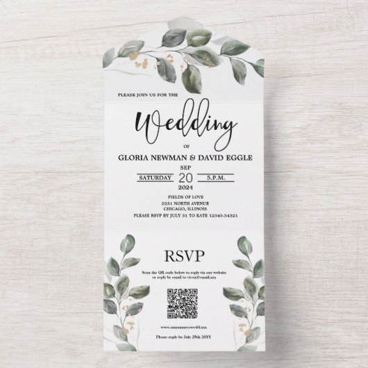 Waterverf Greenery QR code allen in één uitnodigin All In One Uitnodiging (Binnen)