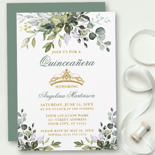 Waterverf Greenery Quinceañera Sage Green Gold Kaart