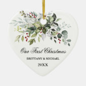 Waterverf Greenery Red Berries Couple Heart Keramisch Ornament (Voorkant)