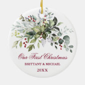 Waterverf Greenery Red Berries eerste kerstfeest Keramisch Ornament (Achterkant)