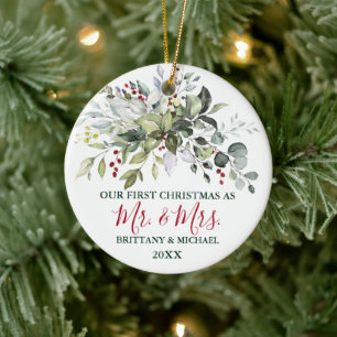 Waterverf Greenery Red Berries eerste kerstfeest Keramisch Ornament