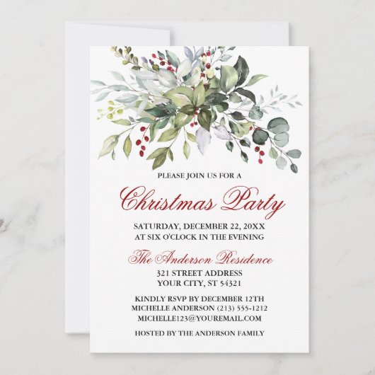 Waterverf Greenery Red Berries kerstfeest Kaart (Voorkant)