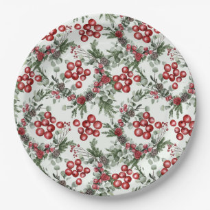 Waterverf Greenery Red Berries kerstpatroon Papieren Bordje
