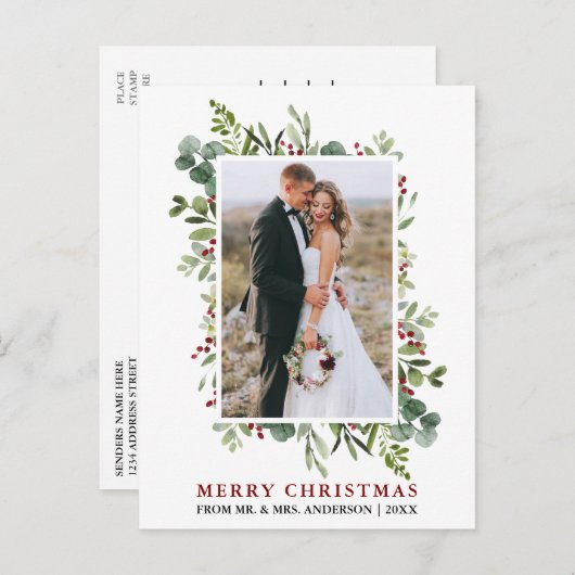 Waterverf Greenery Red Berries Pas getrouwd Kerstm Briefkaart (Voorkant / Achterkant)