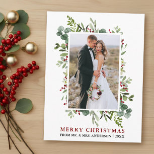 Waterverf Greenery Red Berries Pas getrouwd Kerstm Briefkaart