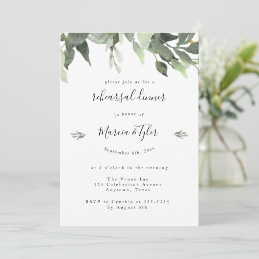 Waterverf Greenery Rehearsal Dinner Invitations Kaart (Staand voorkant)