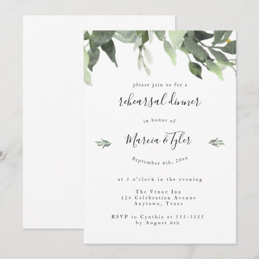 Waterverf Greenery Rehearsal Dinner Invitations Kaart (Voorkant / Achterkant)
