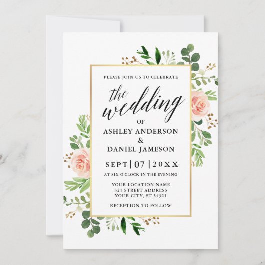 Waterverf Greenery Rozen Calligrafie Wedding Kaart (Voorkant)