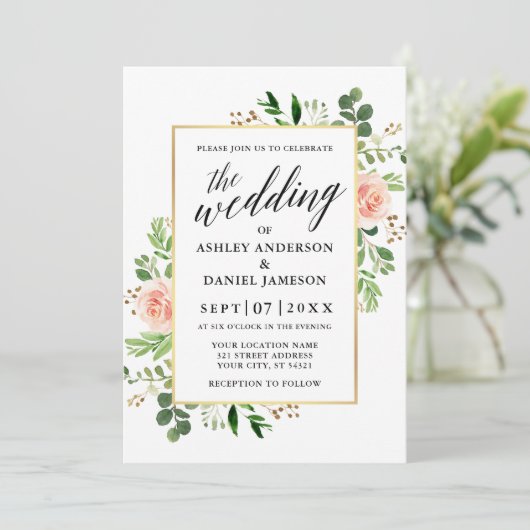 Waterverf Greenery Rozen Calligrafie Wedding Kaart (Staand voorkant)
