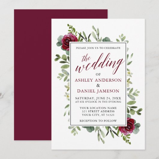 Waterverf Greenery Rozen Wedding Burgundy Kaart (Voorkant / Achterkant)