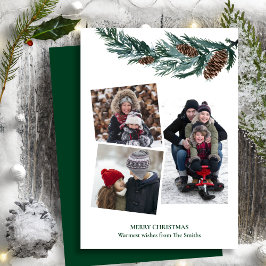 Waterverf Greenery Rustic Green Pine Cone Bough Feestdagenkaart