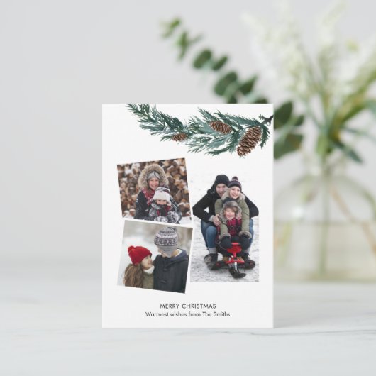 Waterverf Greenery Rustic Green Pine Cone Bough Feestdagenkaart (Staand voorkant)