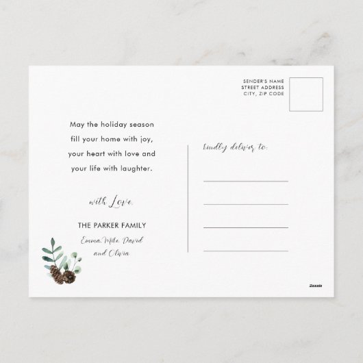 Waterverf Greenery Rustic Green Pine Cone Bough Feestdagenkaart (Achterkant)