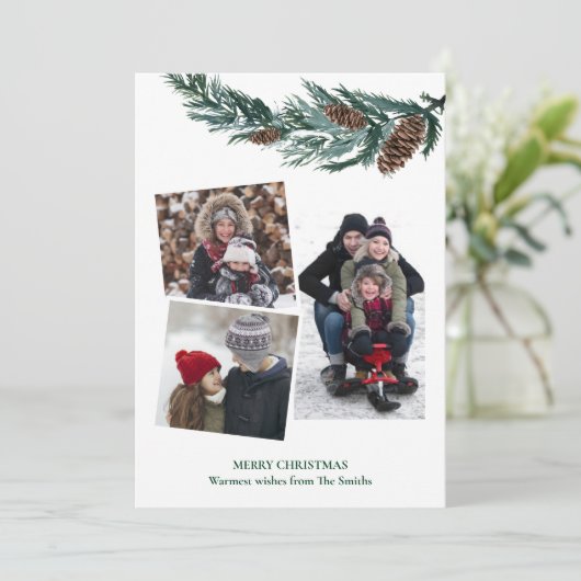 Waterverf Greenery Rustic Green Pine Cone Bough Feestdagenkaart (Staand voorkant)