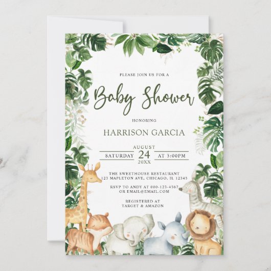 Waterverf Greenery Safari Animals Boy Baby shower Kaart (Voorkant)
