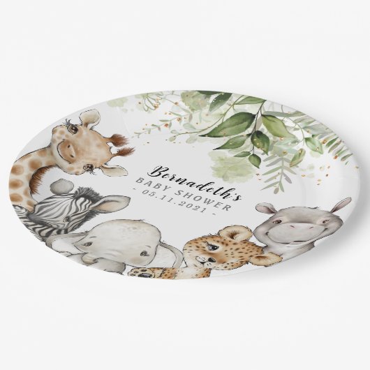 Waterverf Greenery Safari Baby shower Papieren Bordje (Gekanteld)