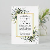 Waterverf Greenery Sage Green 2 Lijst Gold Folie Uitnodiging (Staand Voorkant)