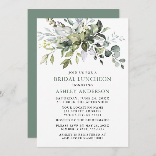 Waterverf Greenery Sage Green Bridal Luncheon Kaart (Voorkant / Achterkant)