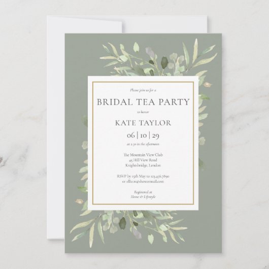 Waterverf Greenery Sage Green Bridal Tea Kaart (Voorkant)