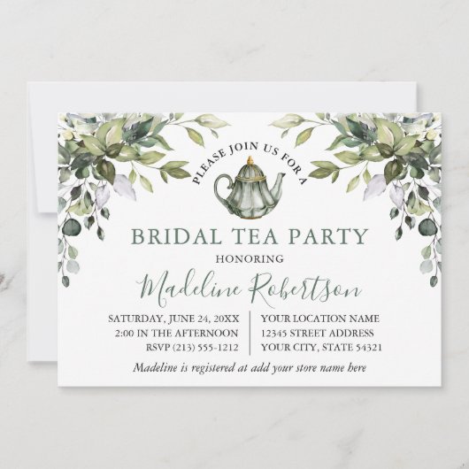 Waterverf Greenery Sage Green Bridal Tea Kaart (Voorkant)