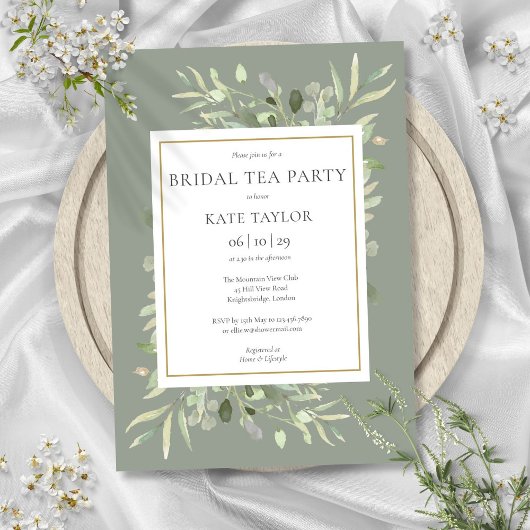 Waterverf Greenery Sage Green Bridal Tea Kaart