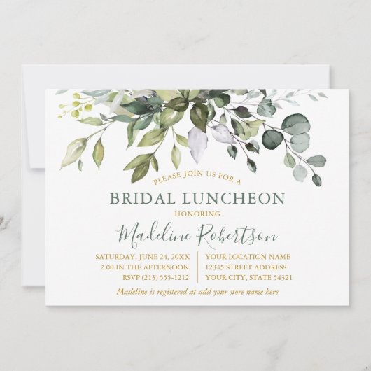 Waterverf Greenery Sage Green Gold Bridal Lunch Kaart (Voorkant)