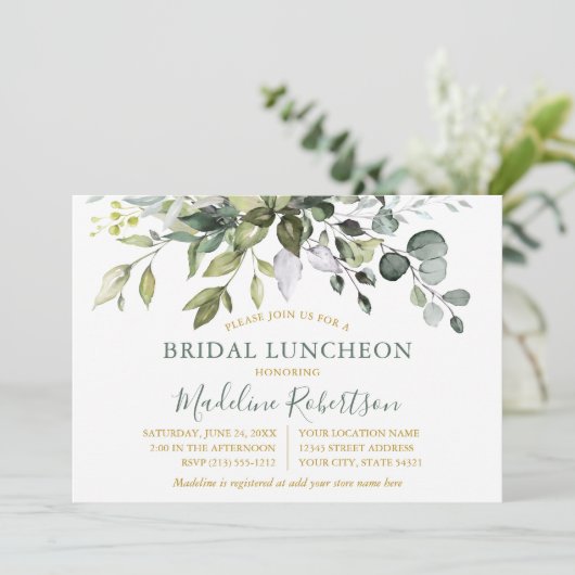 Waterverf Greenery Sage Green Gold Bridal Lunch Kaart (Staand voorkant)