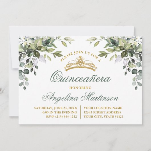 Waterverf Greenery Sage Green Quinceanera Kaart (Voorkant)