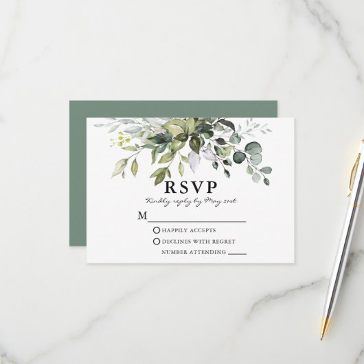 Waterverf Greenery Sage Green Wedding RSVP Kaartje (Voorkant / Achterkant in situ)