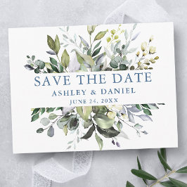 Waterverf Greenery Save the Date Dusty Blue Briefkaart
