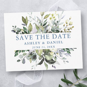 Waterverf Greenery Save the Date Dusty Blue Briefkaart