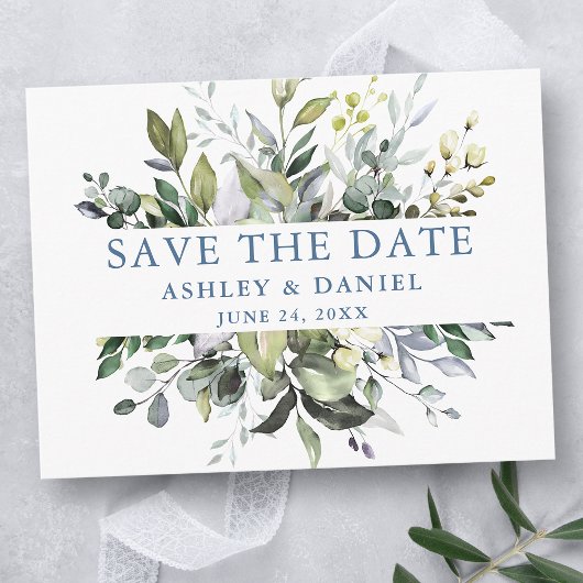 Waterverf Greenery Save the Date Dusty Blue Briefkaart