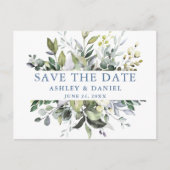 Waterverf Greenery Save the Date Dusty Blue Briefkaart (Voorkant)
