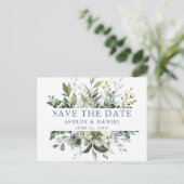 Waterverf Greenery Save the Date Dusty Blue Briefkaart (Staand voorkant)