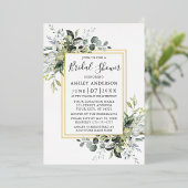 Waterverf Greenery Shower Dusty Blue 2 Lijst Gold Folie Uitnodiging (Staand Voorkant)