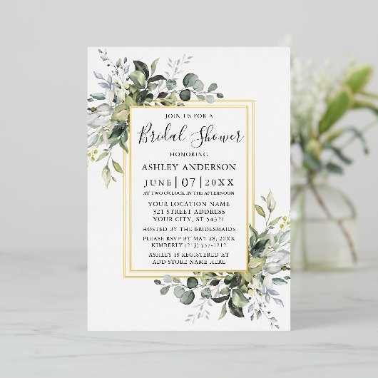 Waterverf Greenery Shower Sage Green 2 Lijst Gold Folie Uitnodiging (Staand Voorkant)