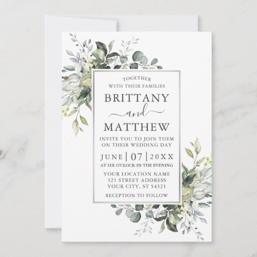 Waterverf Greenery Silver Lijst Dusty Blue Kaart (Voorkant)