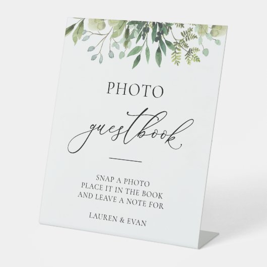 Waterverf Greenery Simple Elegant Photo Guestbook Reclamebord Met Voetstuk (Voorkant)