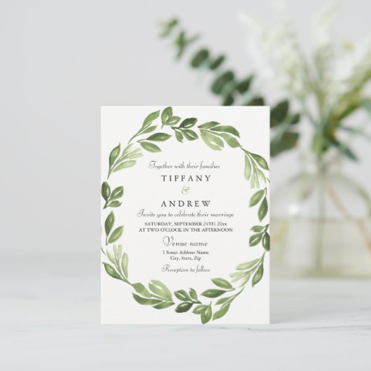 Waterverf Greenery Spring Wedding Invite Kaart (Staand voorkant)