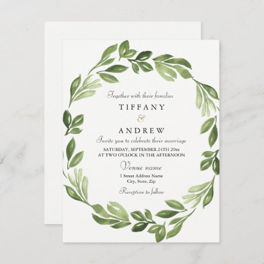 Waterverf Greenery Spring Wedding Invite Kaart (Voorkant / Achterkant)