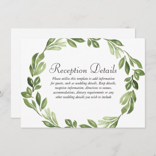 Waterverf Greenery Spring Wedding Reception Informatiekaartje (Voorkant / Achterkant)