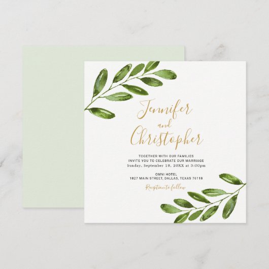 Waterverf Greenery Square Huwelijksuitnodigingen Kaart (Voorkant / Achterkant)