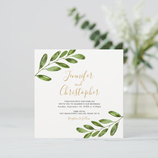 Waterverf Greenery Square Huwelijksuitnodigingen Kaart (Staand voorkant)