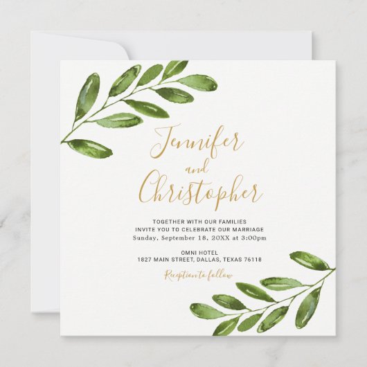 Waterverf Greenery Square Huwelijksuitnodigingen Kaart (Voorkant)