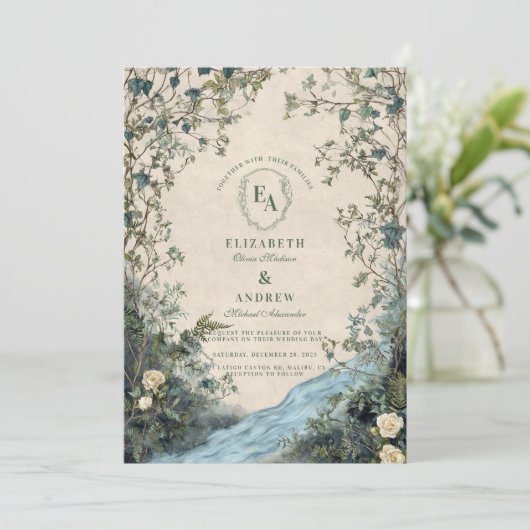 Waterverf Greenery Stream Natuur bruiloft Kaart (Staand voorkant)