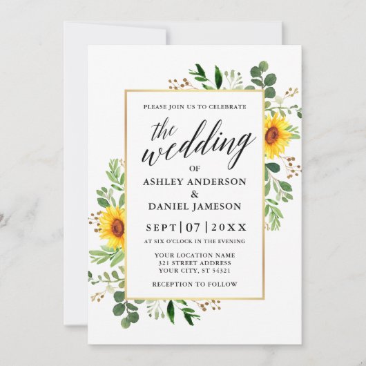 Waterverf Greenery Sunflower Calligraphy Wedding Kaart (Voorkant)